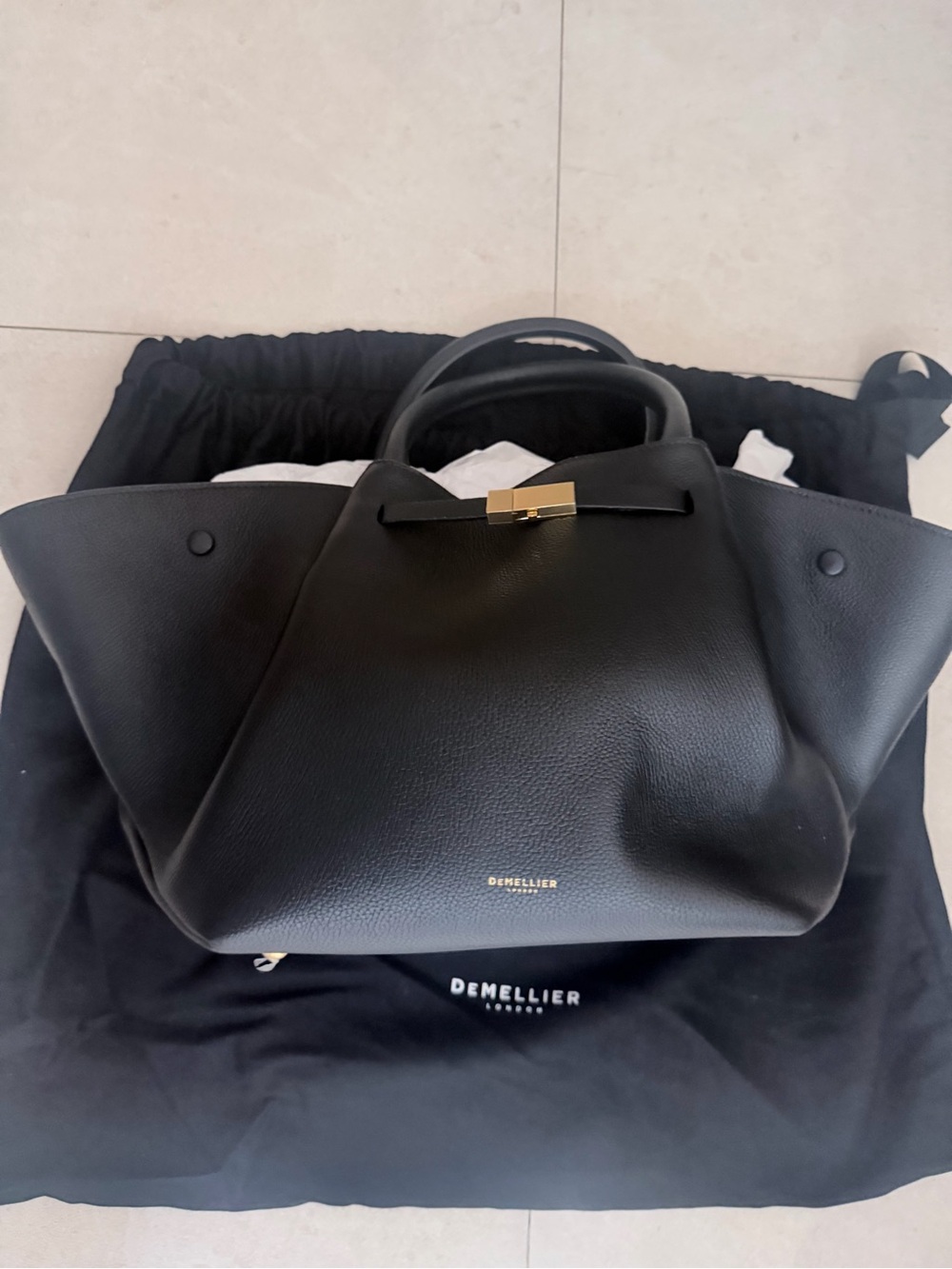DeMellier Black Pebbled Leather Tote with Gold Accent